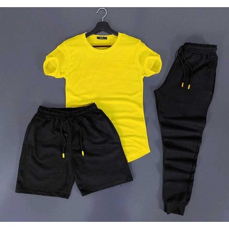 3'lü Slim Fit Unisex Tshirt - Şort - Eşofman Kombin Sarı Düz