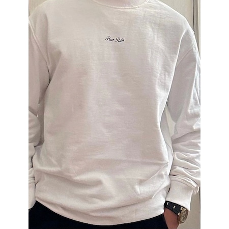 Unisex Bisiklet Yaka Baskılı Beyaz Sweatshirt Beyaz