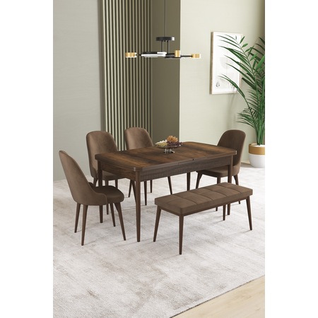 İkon Barok Desen 80x132 Mdf Açılabilir Mutfak Masası Takımı 4 Sandalye, 1 Bench Renk Kahverengi
