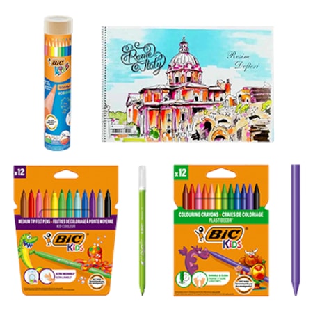 Bic 3'lü Boya Seti Kuru + Keçeli + Pastel Boya 12'li ve Resim Defteri