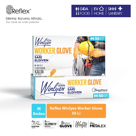 Reflex Winlyex Worker Glove Pudrasız Sarı Eldiven M 50'li