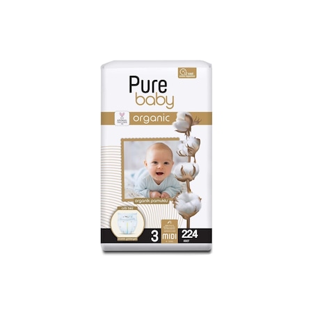 Pure Baby Organik Pamuklu Cırtlı Bez 3 Numara Midi 224 Adet 4'lü Paket