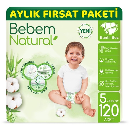 Bebem Natural Bebek Bezi 5 Beden Junior Aylık Fırsat Paketi 120 Adet