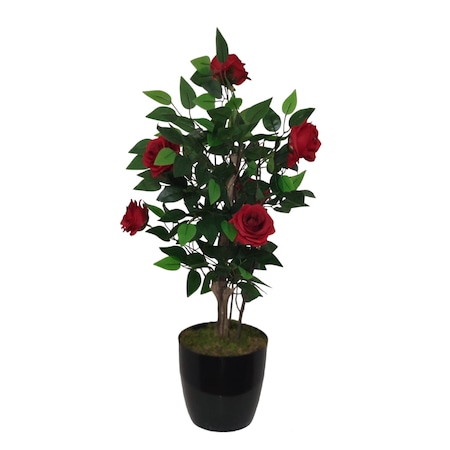 Gül Ağacı Kırmızı Doğal Görünümlü Çalılı Lüks Yapay Çiçek 80cm