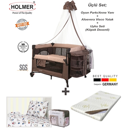 Holmer Coolstyle 3'lü Set Anne Yanı Kahverengi + Aloevera Yatak + Uyku Seti Köpek Desenli
