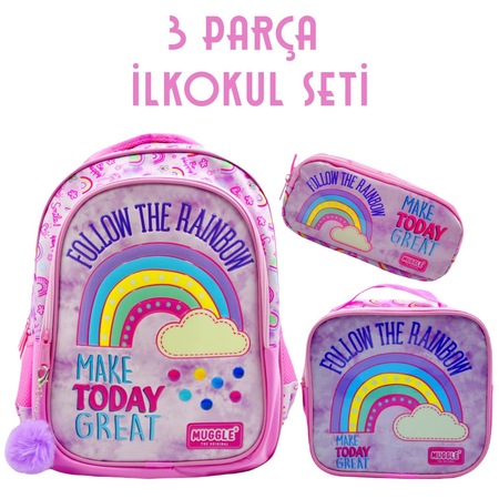 Muggle Soft Rainbow Okul Sırt Çantası+beslenme Çantası+kalemlik Seti