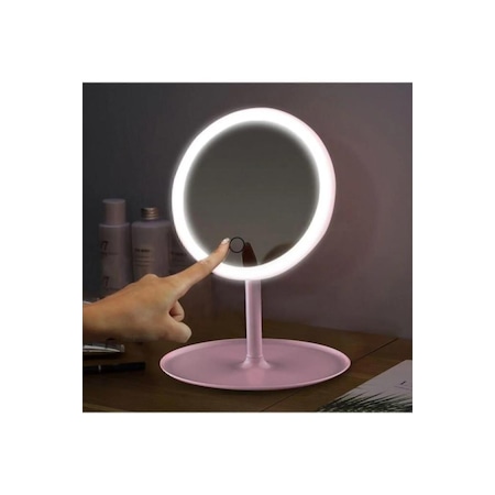 Dokunmatik Led Işıklı Usb Şarjlı Yuvarlak Makyaj Aynası Pembe SM8036