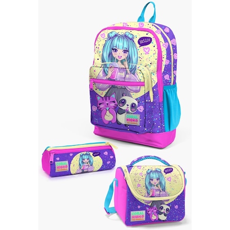 Coral High Kids Mor Pembe Anime Kız Desenli 3 Lü Okul Çanta Seti Set0123735