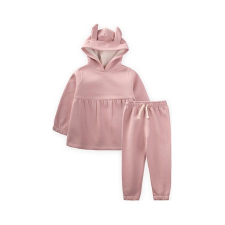 Simli Kulaklı Sweatshirt Takım 2-7 Yaş Pudra Pembe Pudra