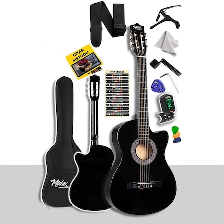 Midex CG-395BK Siyah Klasik Gitar 4/4 Sap Ayarlı Kesik Kasa Full Set Çanta Askı Tuner Metod Pena