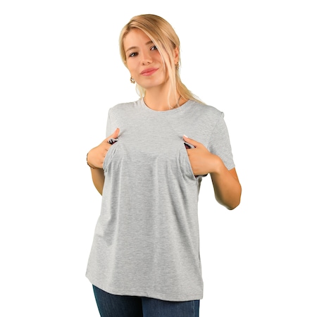 Kadın Fermuarlı Emzirme T-Shirt Gri