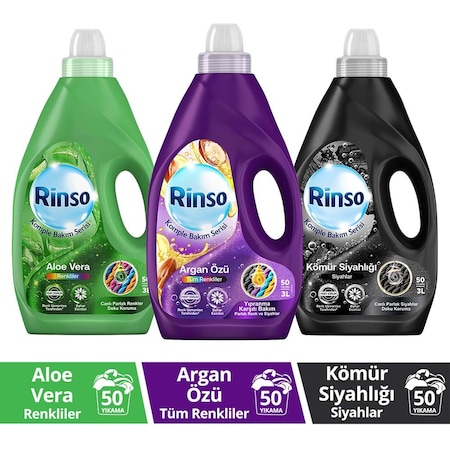 Rinso Argan Özü + Aloe Vera + Kömür Siyahlığı Sıvı Deterjanı Komple Bakım Serisi 3 x 3 L