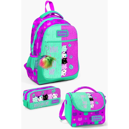 Coral High Kids Pembe Su Yeşili Kedi Desenli 3 Lü Okul Çanta Seti Set0123490