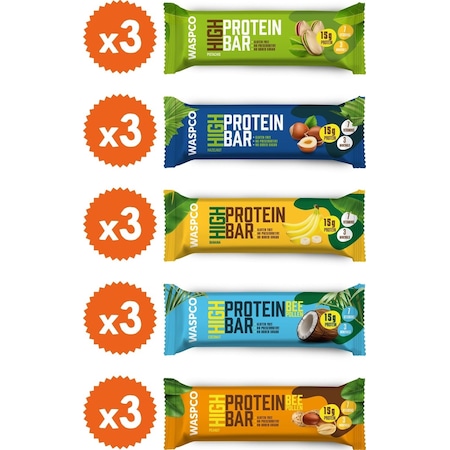 Waspco Yüksek Protein Bar Karma Kutu 50g 5 Çeşit Toplam 15 Adet