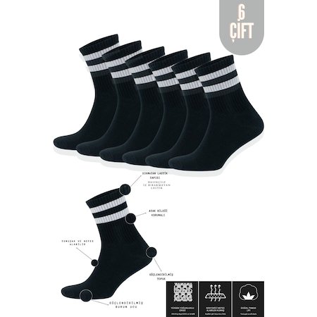 Kral Socks Pamuklu Terletmez Çizgili Unisex Kolej Tenis Çorabı 6 Çift Siyah