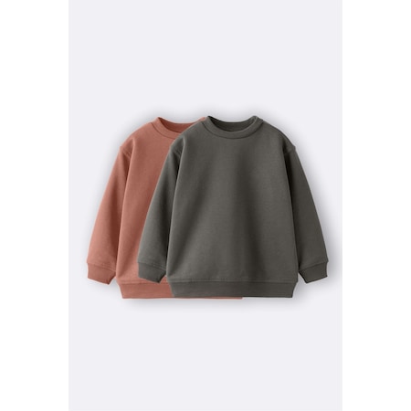 Zuzunga Basic Şardonlu Çocuk Sweatshirt 2'li - Haki - Kahverengi