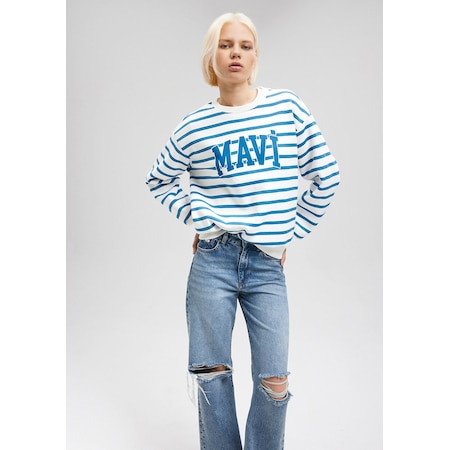 Mavi - Mavi Logo Baskılı Mavi Çizgili Sweatshirt 1s10099-84476