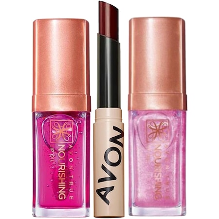 Avon Tinted Lip Balm Renkli Dudak Balmı Plum + True Nourishing Dudak Yağı Blossom + True Nourishing Dudak Yağı Shimmering Petal