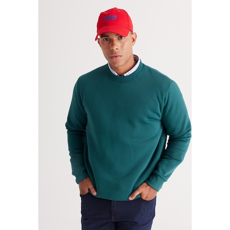 AC&Co / Altınyıldız Classics Erkek Koyu Yesıl Standart Fit Normal Kesim İçi Polarlı Bisiklet Yaka Sweatshirt