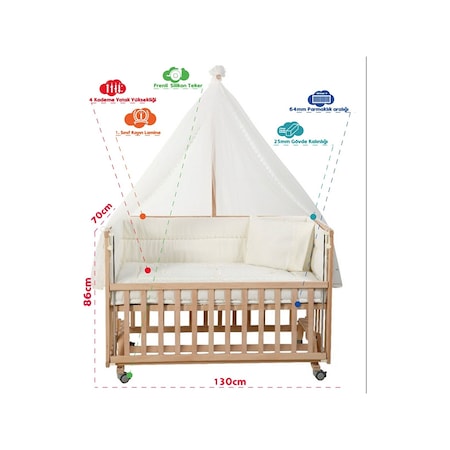 Baby Plus Doğal Ahşap Anne Yanı Bebek Karyolası 70x130 cm