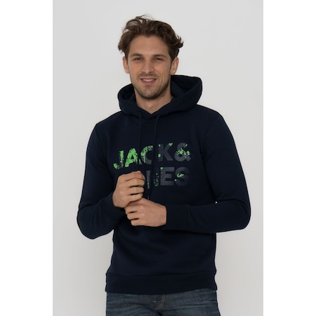 Jack & Jones Erkek Kapüsonlu Logo Baskili Sweatshirt - Splash 12177936 Navy Blazer