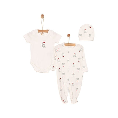 HelloBaby Yenidoğan Baby Mom&dad Kendinden Eldivenli Tulum-body-şapka 3lü Set Unisex 24khlbutbs004 Ekru 24KHLBUTBS004_Ekru