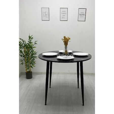 Valencia - Siyah Mermer Desen Tabla Metal Ayaklı Mutfak Masası - Yemek Masası - Balkon Masası