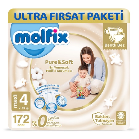 Molfix Pure&Soft Bebek Bezi 4 Numara Maxi Ultra Fırsat Paketi 172 Adet