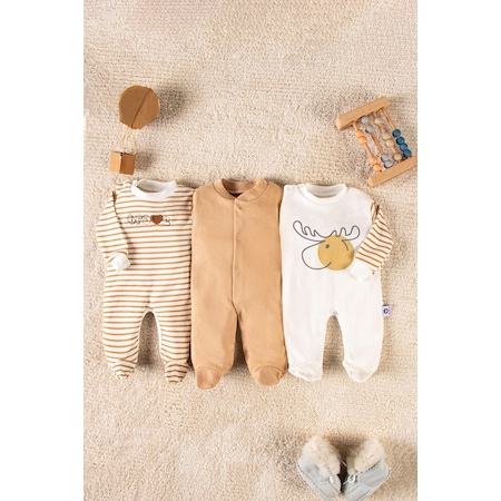 Geyik Desenli Tek Boy Tulum Unisex 3 Parça Set Bebek Takımı