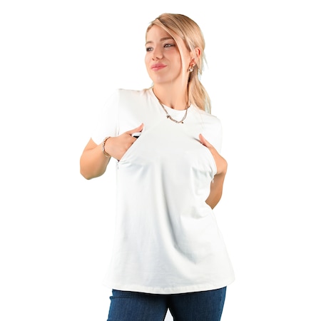 Kadın Fermuarlı Emzirme T-Shirt Ekru