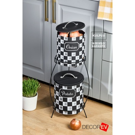 Decorev 2 Katlı Kulplu Patates Soğanlık Metal Patates Soğan Kovası Sebzelik Sepeti Dama Desenli