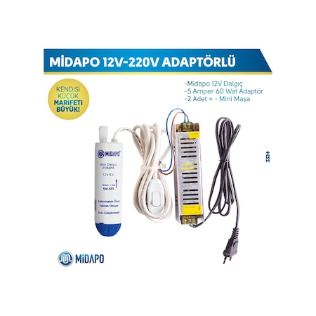 220-12 Volt Adaptörlü D.C Midapo Mini Dalgıc Pompa