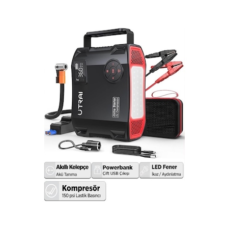 Utrai Jstar 5 24000 mAh 2000A Jump Starter + Lastik Şişirme Pompası Taşınabilir Akü Takviye Cihazı Seti