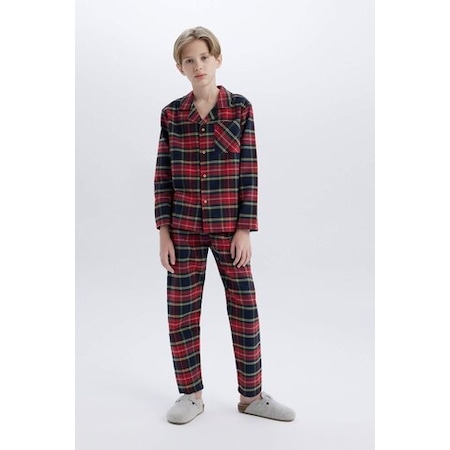 Defacto Erkek Çocuk Pijama Takımı Flanel Kareli Uzun Kollu Üst Beli Lastikli Uzun Alt D8577a824wnrd92 Kırmızı