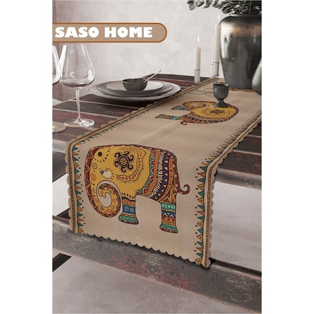 Sasohome Etnik Hint Işlemeli Fil Desenli Kaliteli Kadife Kumaş 45x140 Cm Dekoratif - Hediyelik Runner