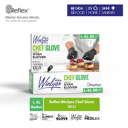 Reflex Winlyex Chef Glove Pudrasız Siyah Eldiven XL 50'li