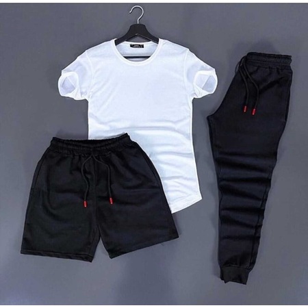 3'lü Slim Fit Unisex Tshirt - Şort - Eşofman Kombin Beyaz Düz