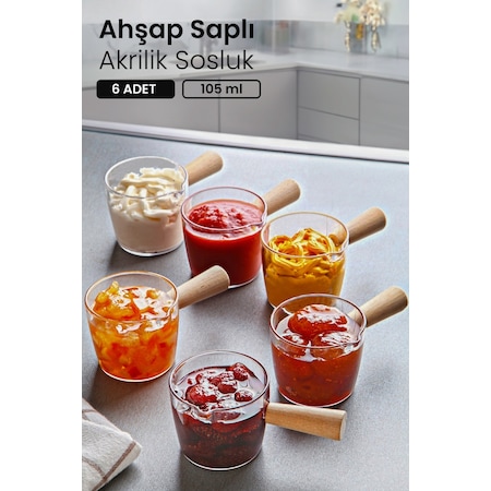 KitchenLife 6'lı Ahşap Saplı Mıka Reçellik Sosluk Sofra Sunum Kahvaltı Seti - 80 Ml