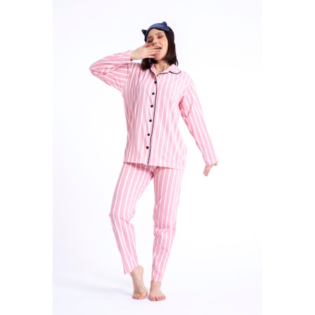Gömlek Yaka Düğmeli Pembe Çizgili Kadın Pijama Takımı