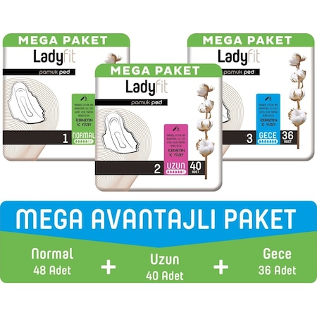 Ladyfit Pamuk Hijyenik Ped Normal 48'li + Uzun 40'lı + Gece 36'lı Mega Avantajlı Paket