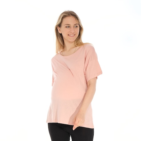Baby Mom Düşük Omuzlu Geniş Kalıp Modal Hamile Tshirt 22KBMMKHKT002 Pembe