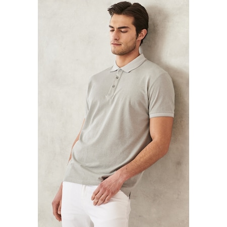 Ac&Co / Altınyıldız Classics 465126598 Düğmeli Polo Yaka Cepsiz Slim Fit Erkek Tişört Taş Rengi