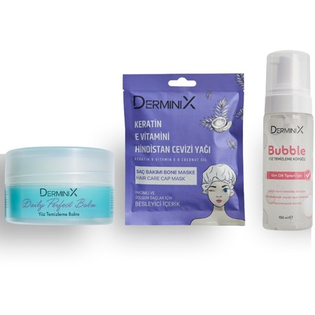 Derminix Yüz Temizleme Balmı 100 ML + Bubble Yüz Temizleme Köpüğü 150 ML + Keratin & Vitamin E & Hindistan Cevizi Yağı Bone Saç Maskesi