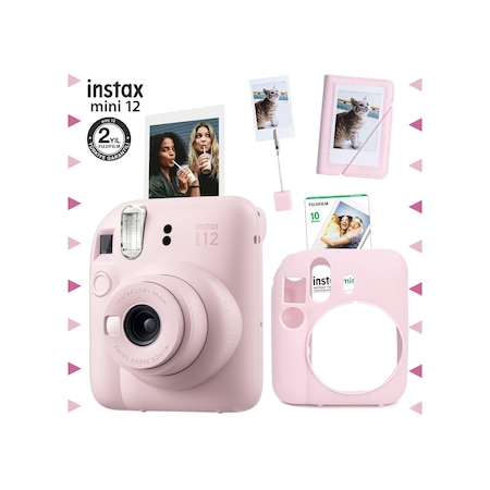 Fujifilm Instax Mini 12 Fotoğraf Makinesi + 10'lu Film + Kıskaçlı Stand + Mini Albüm + Silikon Kılıf Seti Pembe