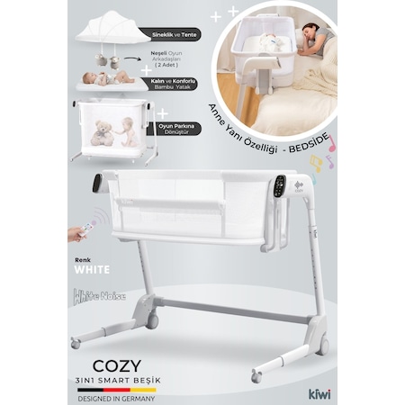 Kiwi Cozy Premium 3in1 Ağlamaya Duyarlı Anne Yanı Beşik, Park Yatak White Noise