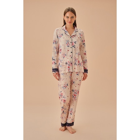 Suwen Aida Maskülen Pijama Takımı Sh25165660b1185 Bej Baskılı