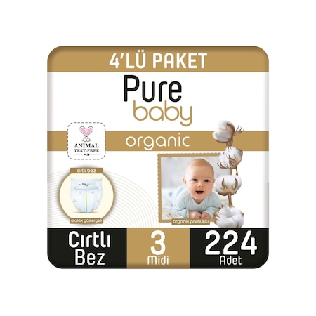 Pure Baby Organik Pamuklu Cırtlı Bez 4'lü Paket 3 Numara Midi 224 Adet