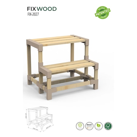 Fixwood İki Basamaklı Tabure Masif Ahşap Modüler Basamak