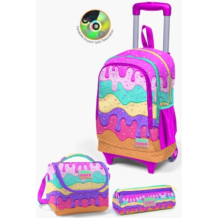 Coral High Kids Pembe Rengarenk Dondurma Desenli Çekçekli 3 Lü Okul Çanta Seti Set0123931