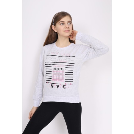 Eçocuk ECCK-OLC-3894-13-G New York Brooklyn Baskılı Kız Çocuk Sweatshirt Gri